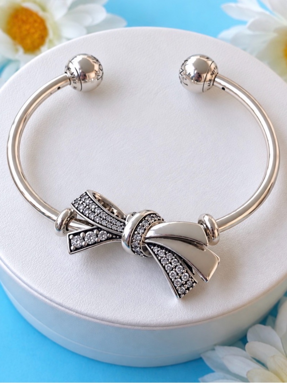 Authentic Pandora Sterling Silver Open Bangle Bracelet with Sparkling Bow Charm